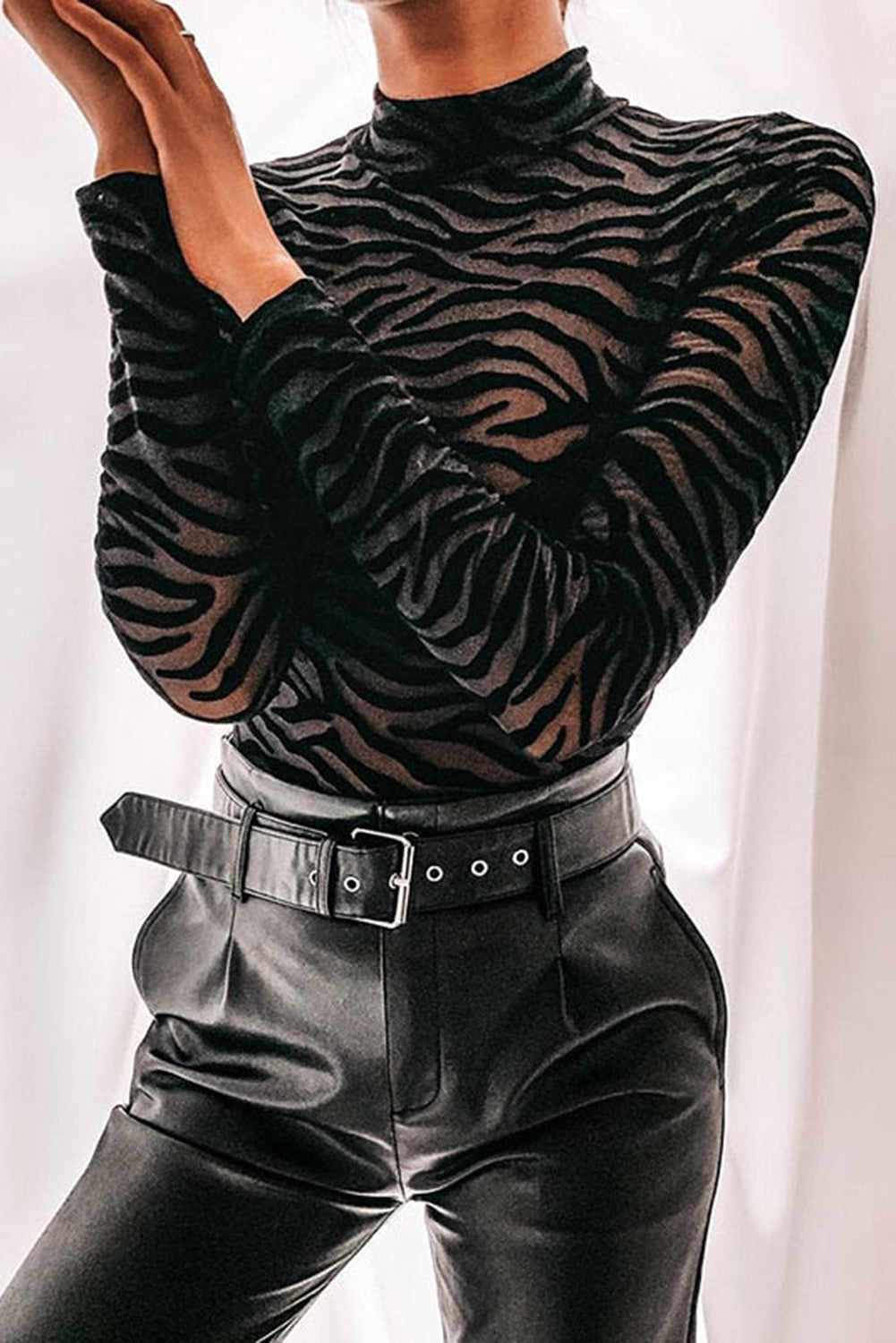 Mock Neck Long Sleeve Zebra Print Bodysuit Bodysuits JT's Designer Fashion