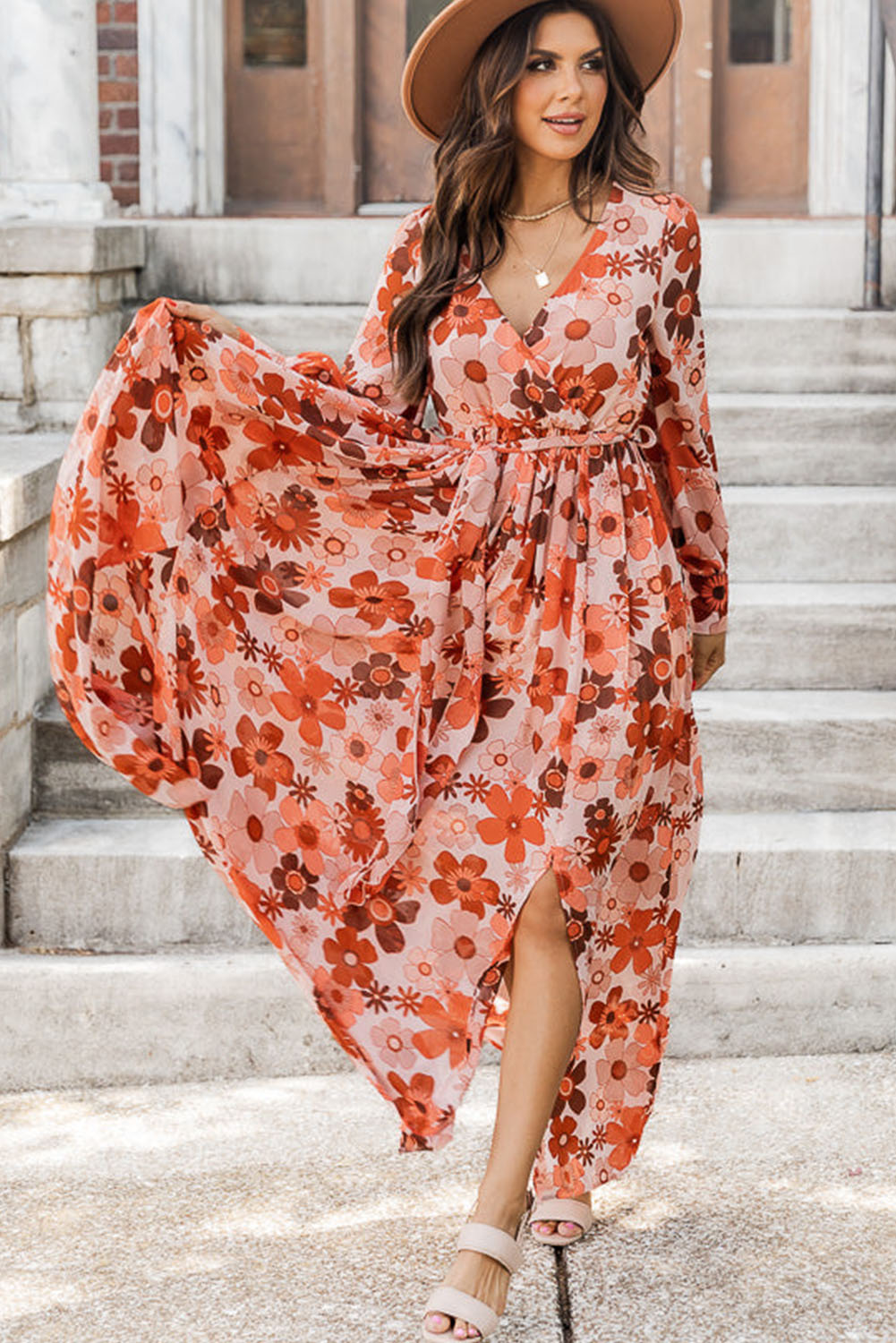 Orange Floral Print Knotted High Waist Plus Size Maxi Dress Plus Size JT's Designer Fashion