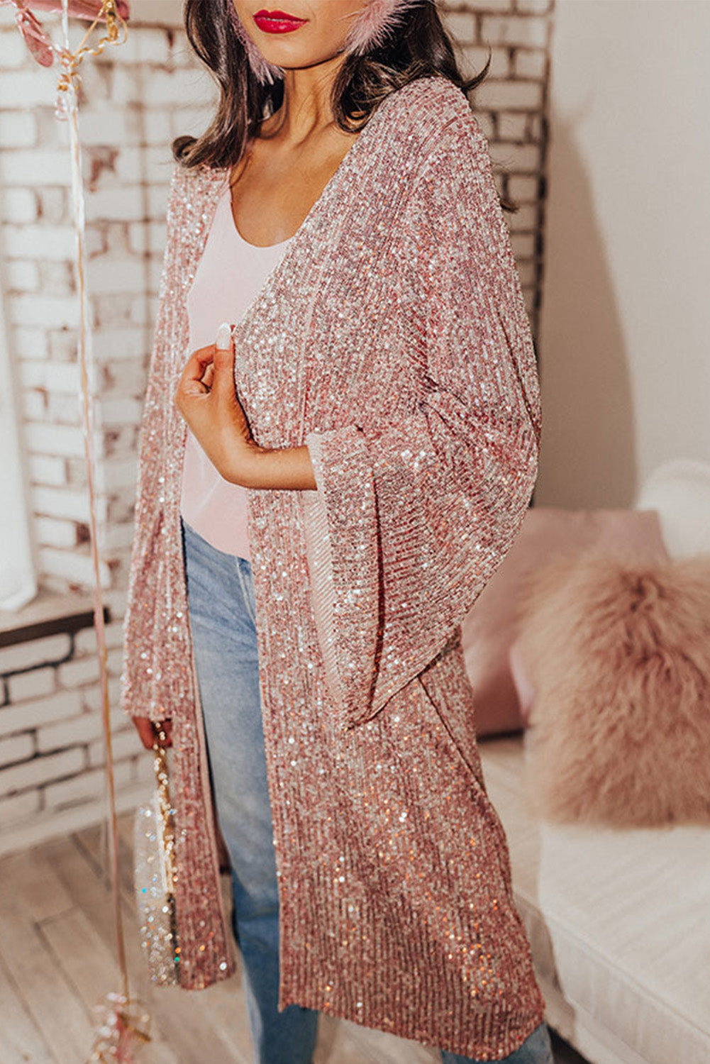 Pink Flare Sleeve Open Front Sequin Kimono Kimonos JT's Designer Fashion