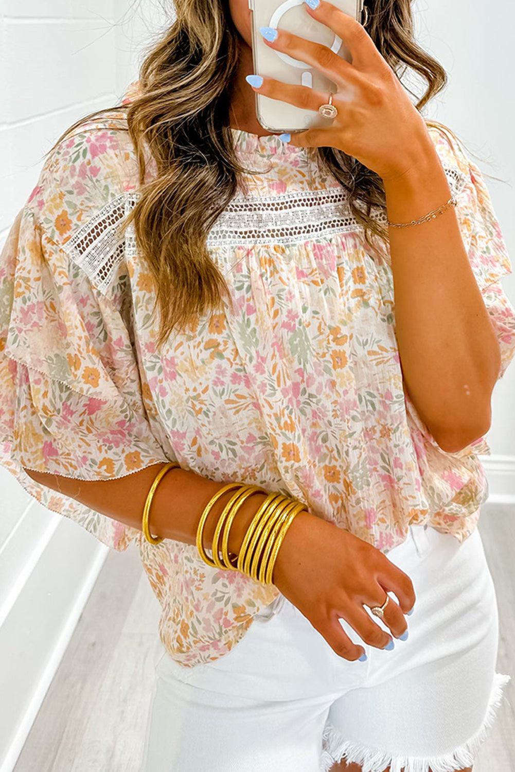 Multicolor Floral Print Wide Ruffle Sleeves Blouse Multicolor 100%Polyester Blouses & Shirts JT's Designer Fashion