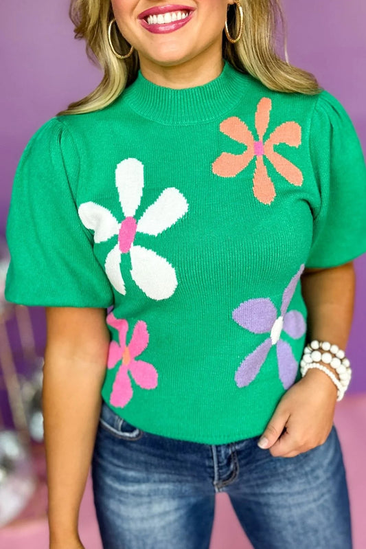 Bright Green Floral Bubble Sleeve Knitted Top Pre Order Sweaters & Cardigans JT's Designer Fashion