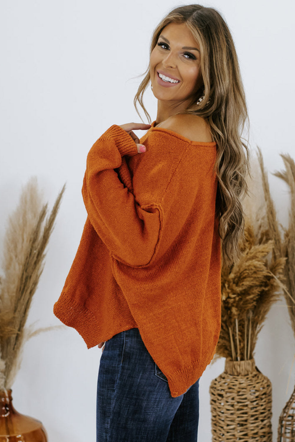 Orange Plus Size Chest Pocket Loose Split Side Sweater Plus Size JT's Designer Fashion