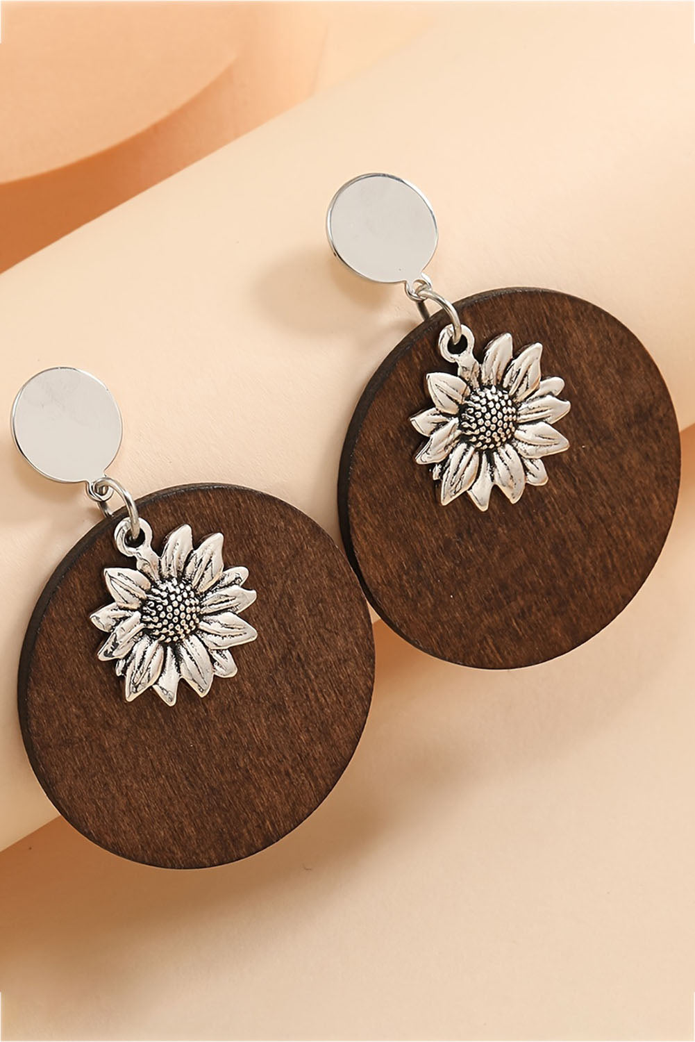 Silvery Retro Sunflower Round Wood Stud Earrings Jewelry JT's Designer Fashion