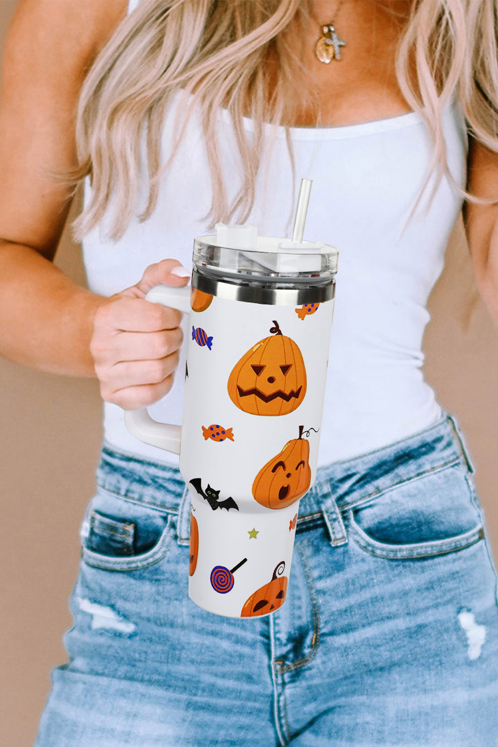 Bright White 40oz Halloween Print 304 Stainless Steel Thermos Cup Tumblers JT's Designer Fashion