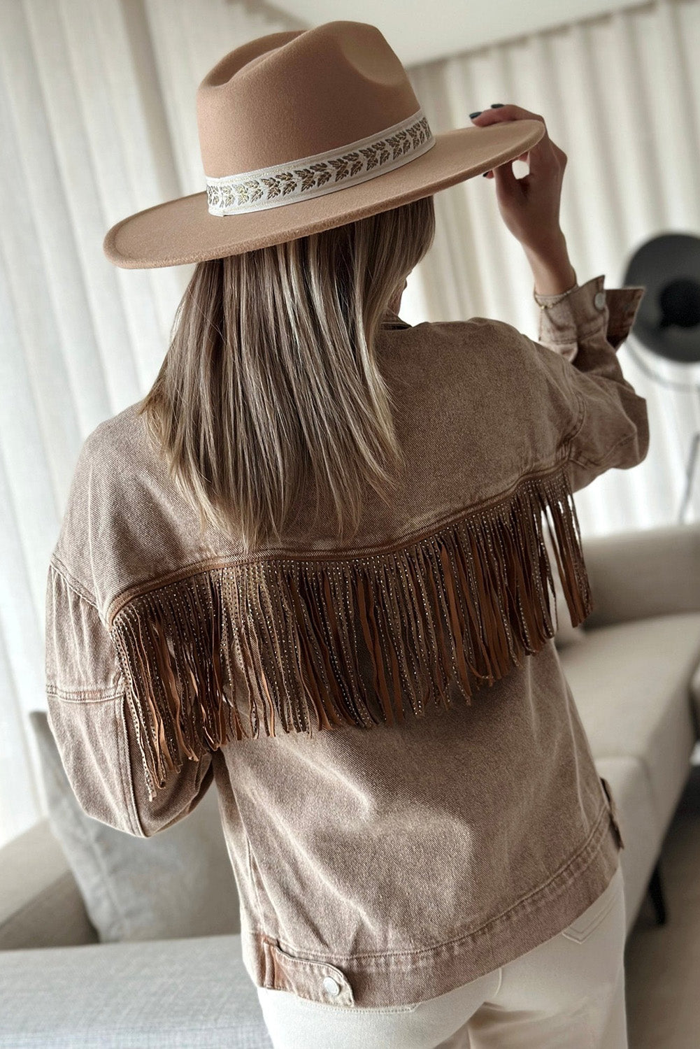 Brown Rhinestone Fringed Cowgirl Fashion Denim Jacket Denim jackets JT's Designer Fashion