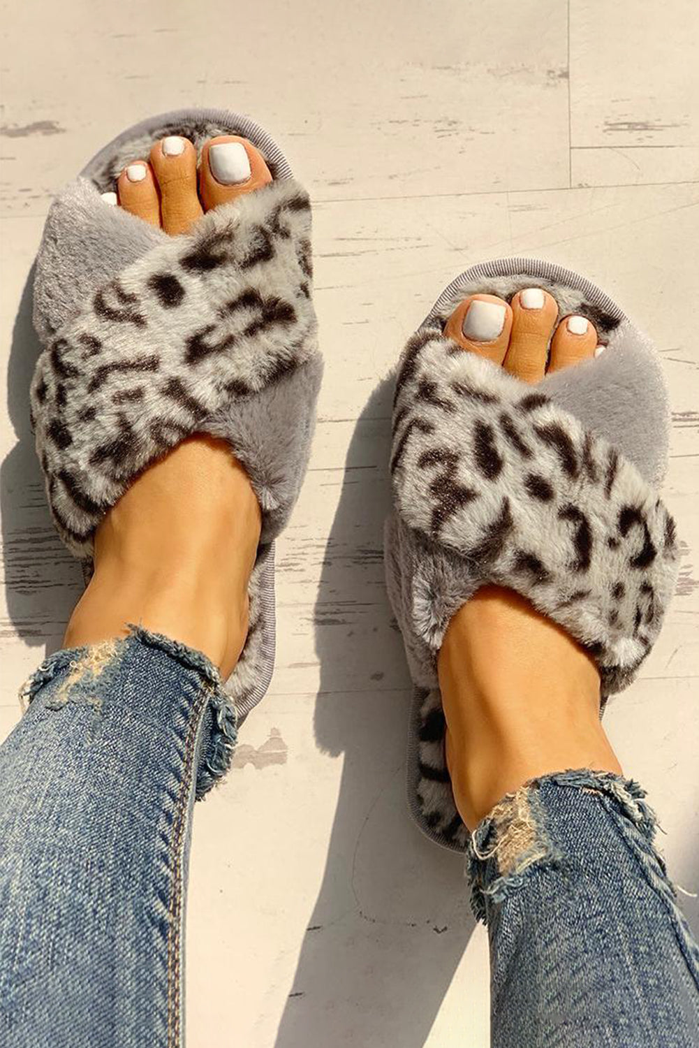 Gray Leopard Crossed Straps Furry Slippers Slippers JT's Designer Fashion