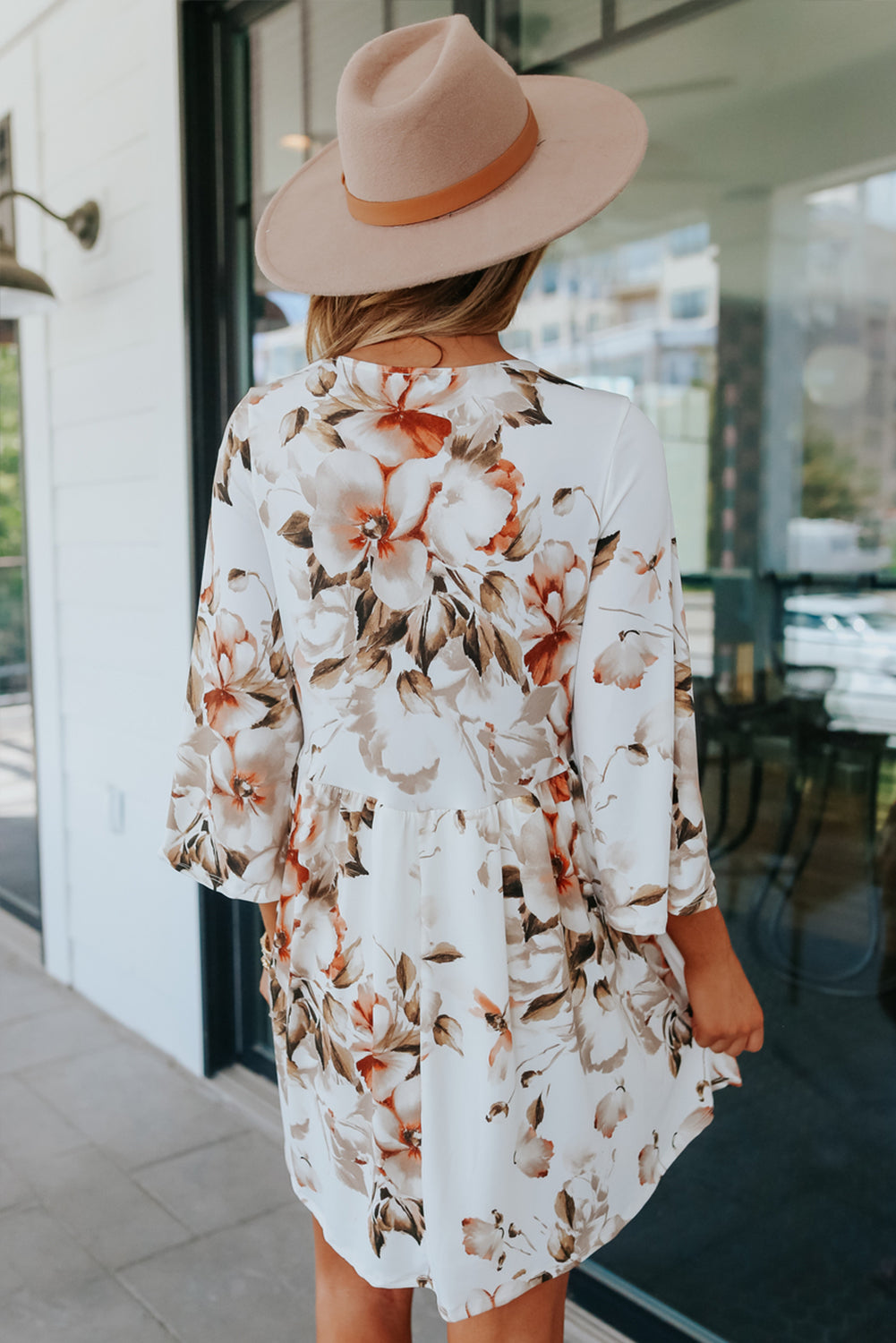 White V Neck 3/4 Sleeve Floral Dress Floral Dresses JT's Designer Fashion