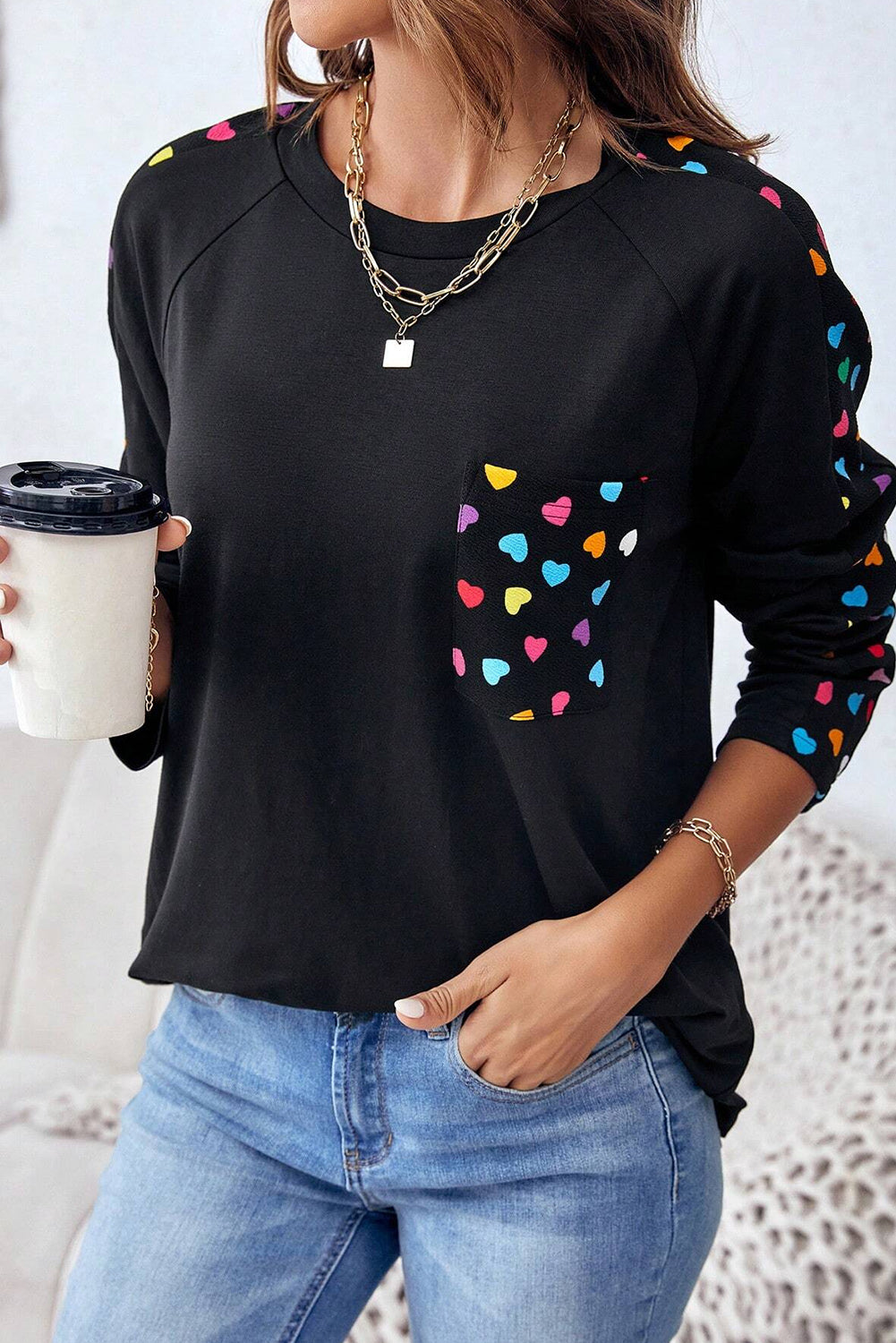 Black Colorful Heart Print Raglan Sleeve Patched Pocket Top Long Sleeve Tops JT's Designer Fashion