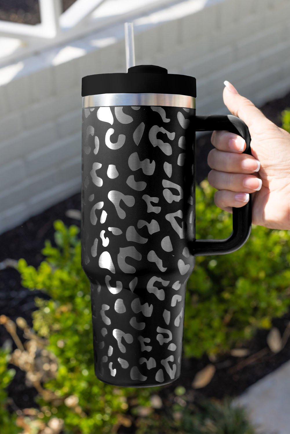 Black Leopard Print 40OZ Stainless Steel Portable Cup with Handle Tumblers JT's Designer Fashion