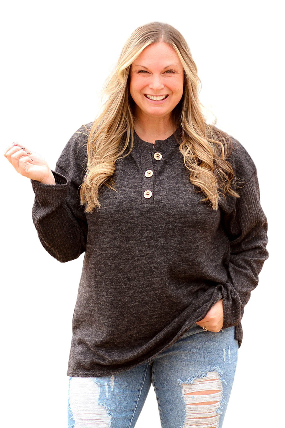 Black Ribbed Long Sleeve Plus Size Henley Top Plus Size JT's Designer Fashion