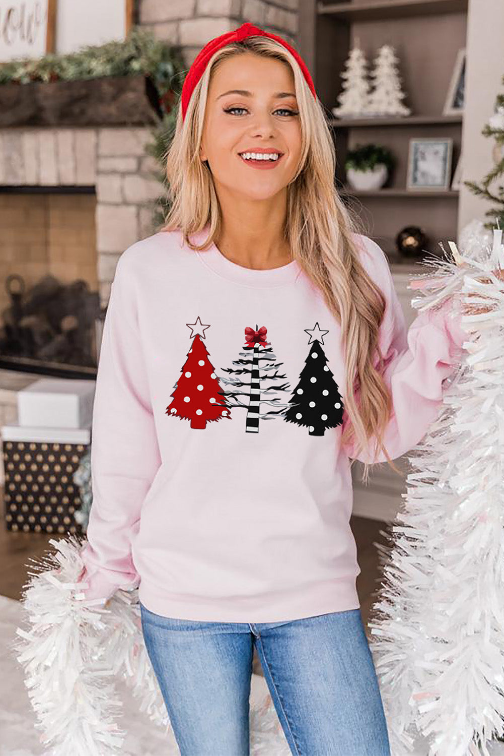 Pink Christmas Tree Graphic Print Pullover Sweatshirt Graphic Sweatshirts JT's Designer Fashion