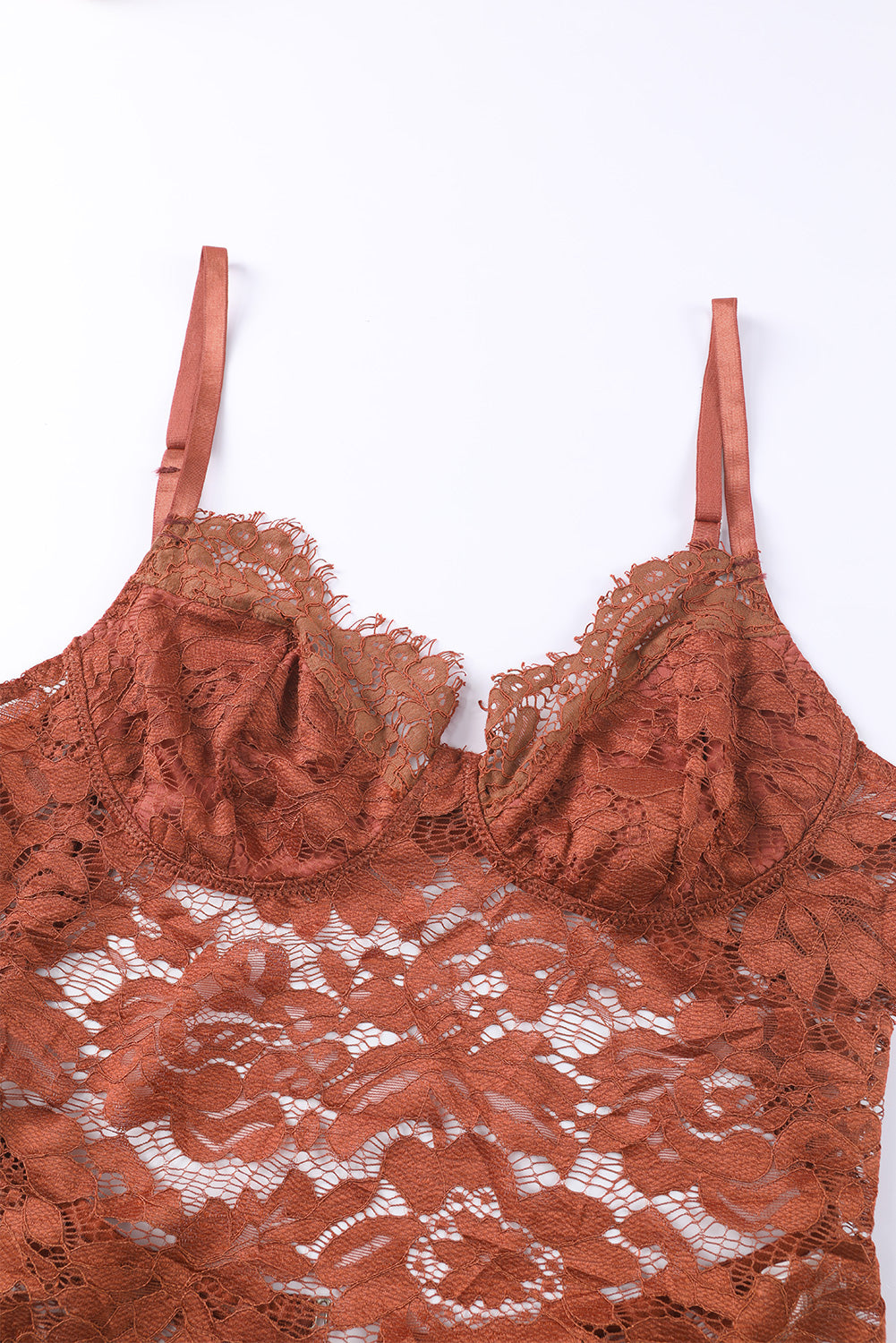 Brown Floral Lace Spaghetti Straps Cut out Back Bodysuit Bodysuits JT's Designer Fashion