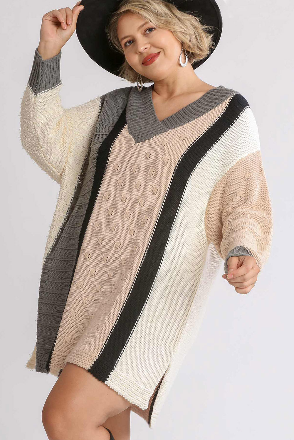 Apricot Mix Pattern Knit Color Block Plus Size Sweater Dress Plus Size JT's Designer Fashion