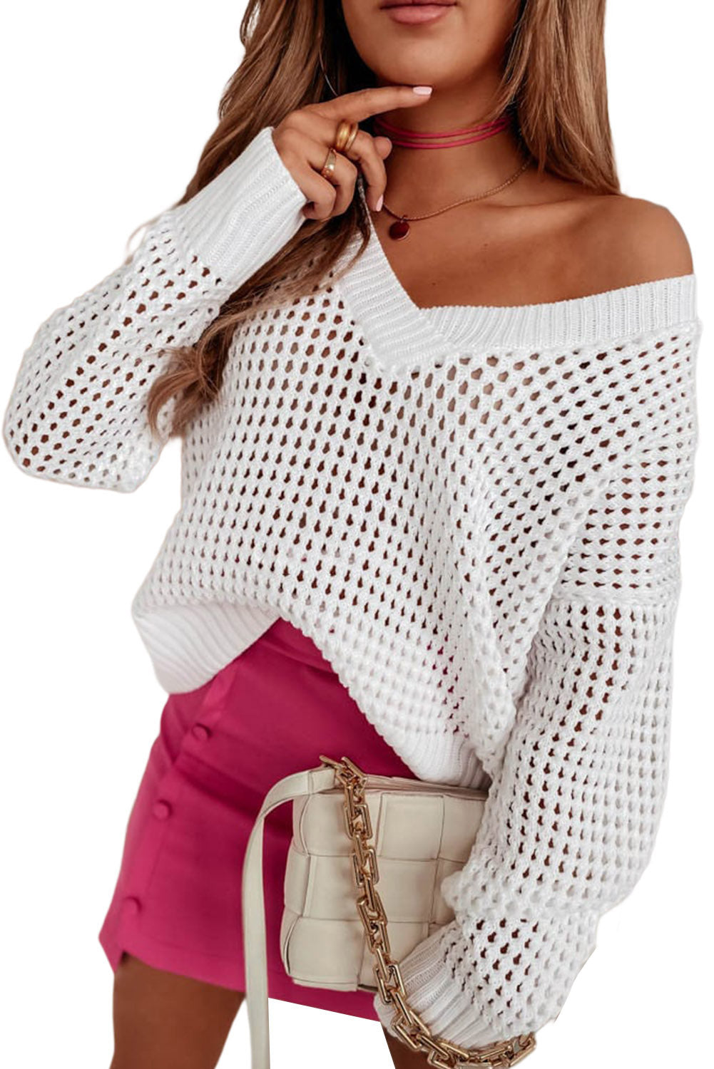 White Hollow Out Knitted Loose Fit V Neck Sweater Tops & Tees JT's Designer Fashion