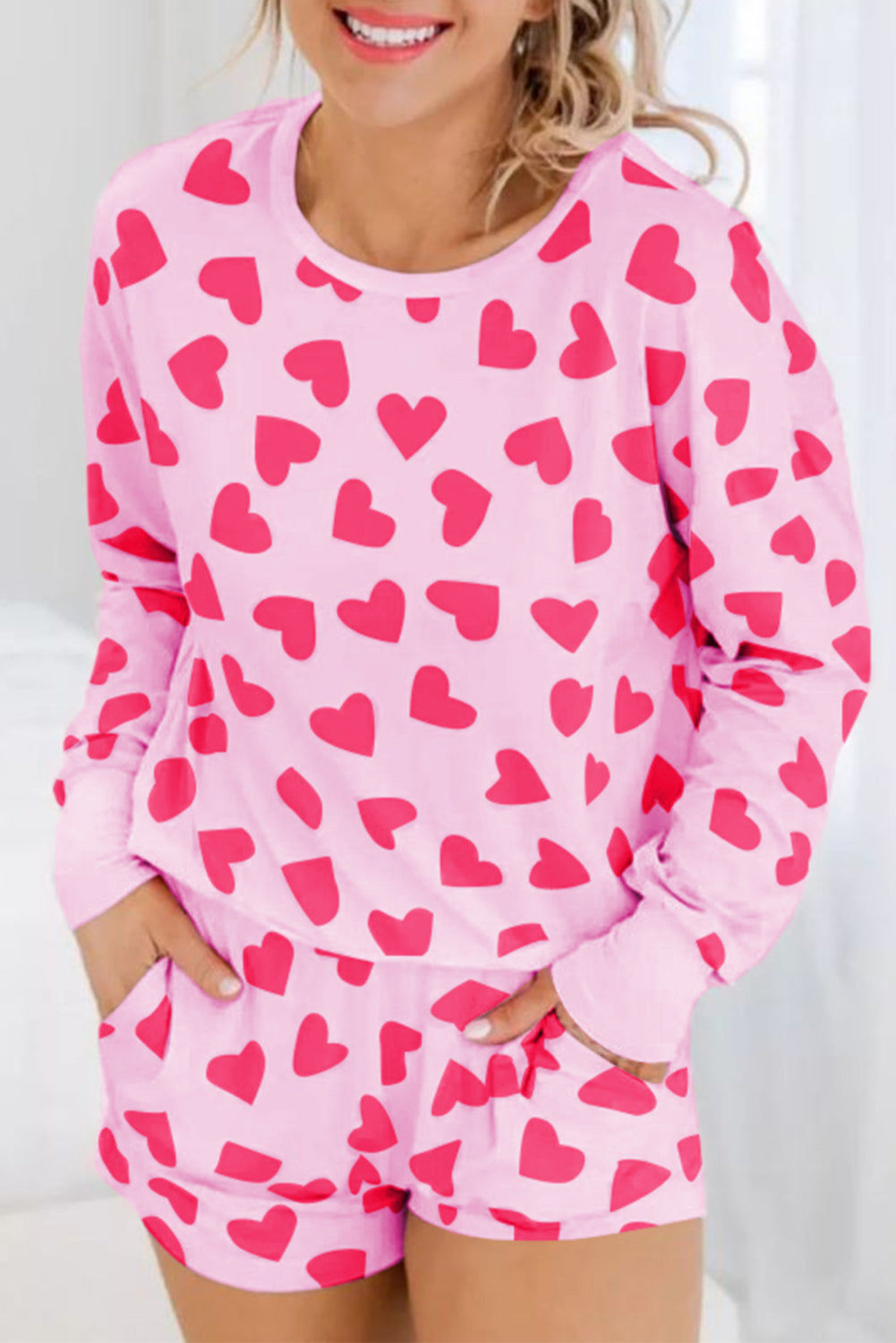 Pink Heart Shape Print Long Sleeve Top Shorts Lounge Set Loungewear JT's Designer Fashion