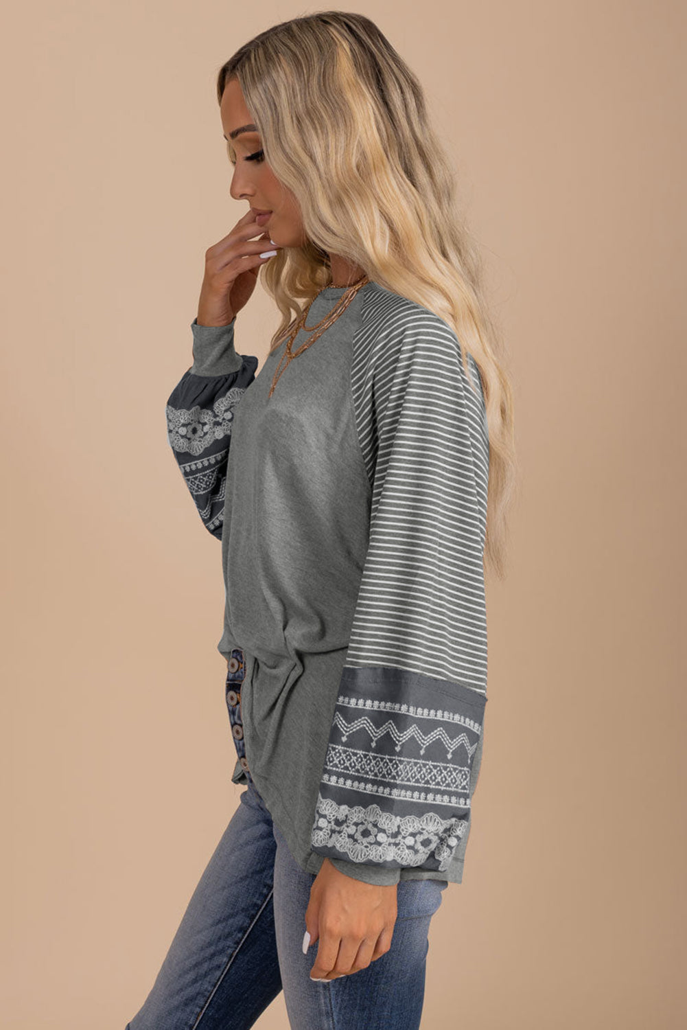 Medium Grey Floral Striped Patchwork Loose Long Sleeve Top Tops & Tees JT's Designer Fashion