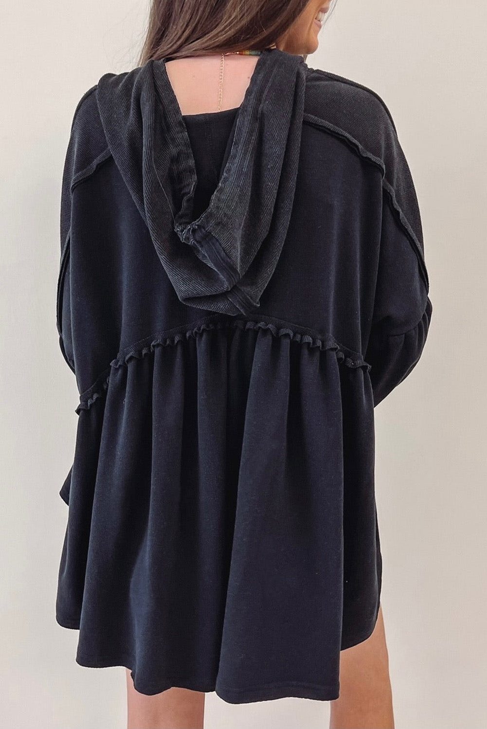 Black Oversized Ruffled High Low Hem Drop Shoulder Hoodie Tops & Tees JT's Designer Fashion