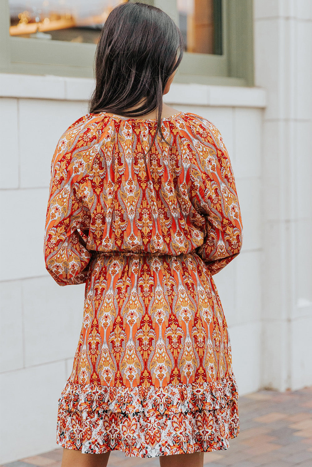 Orange Western Pattern Print Lantern Sleeve Drawstring Mini Dress Mini Dresses JT's Designer Fashion