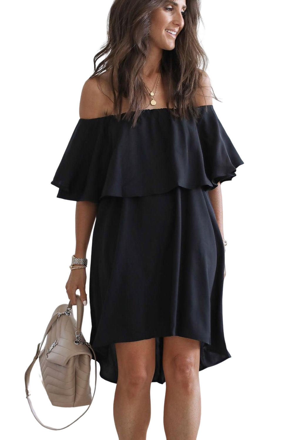 Black Off The Shoulder Ruffle Casual Shift Dress Mini Dresses JT's Designer Fashion