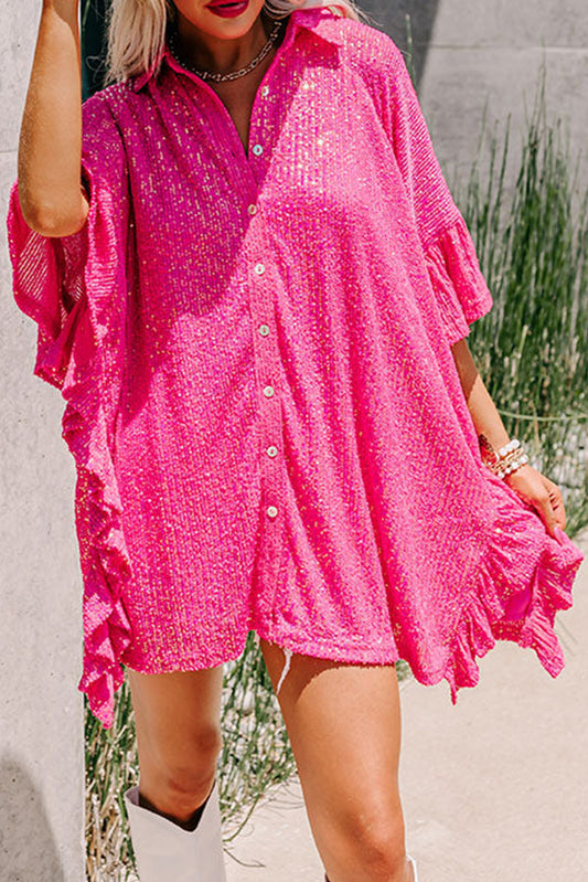 Strawberry Pink Ruffle Trim Sequined Loose Tunic Shirt Dresses JT's Designer Fashion