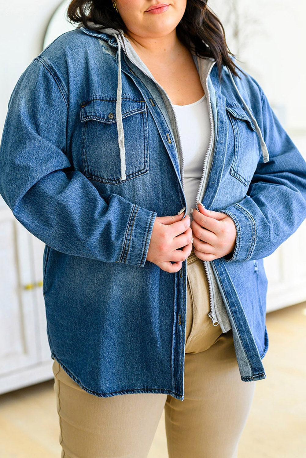 Sky Blue Plus Size Distressed Hooded Denim Shacket Plus Size JT's Designer Fashion