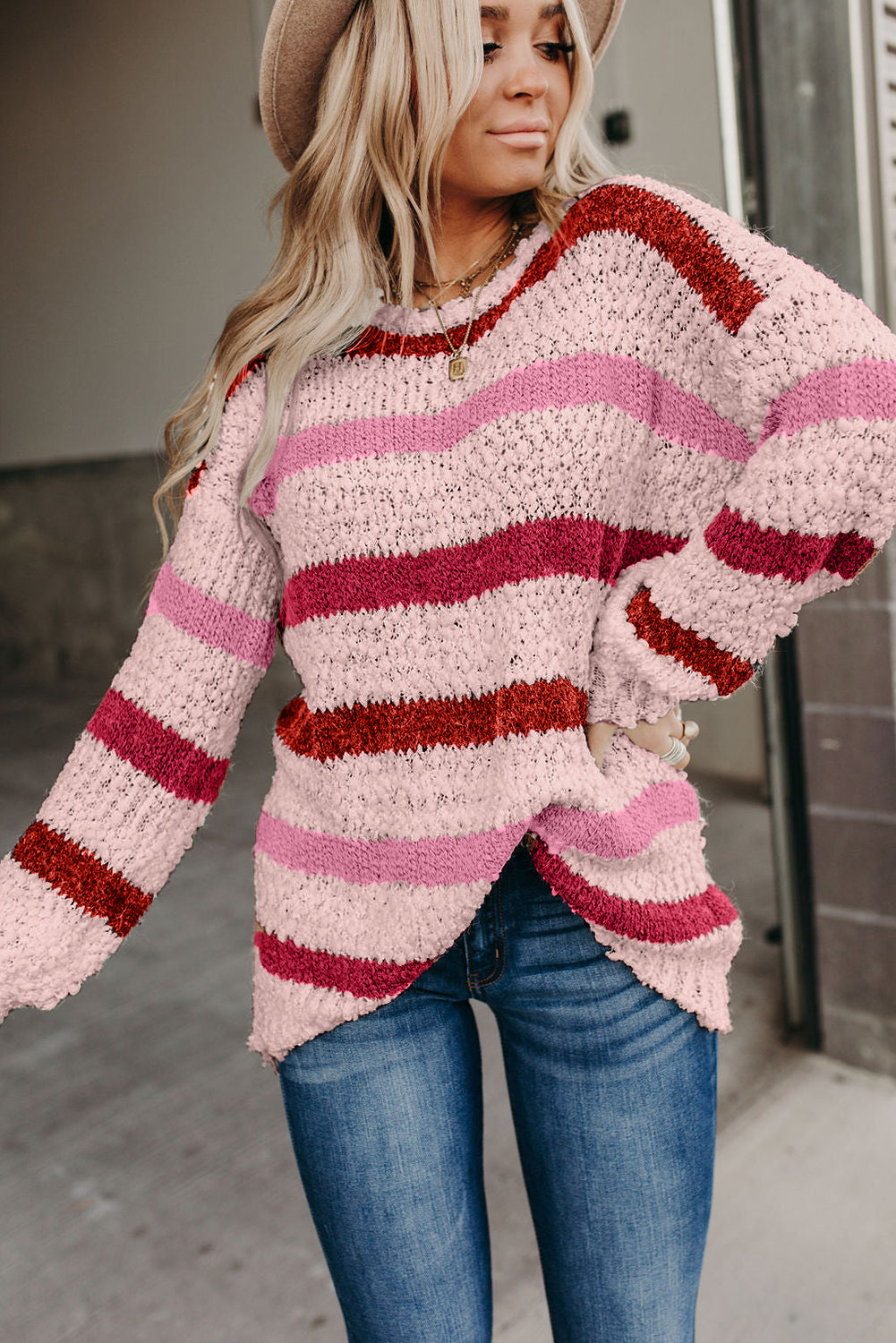 Light Pink Striped Popcorn Knit Sweater Pre Order Sweaters & Cardigans JT's Designer Fashion