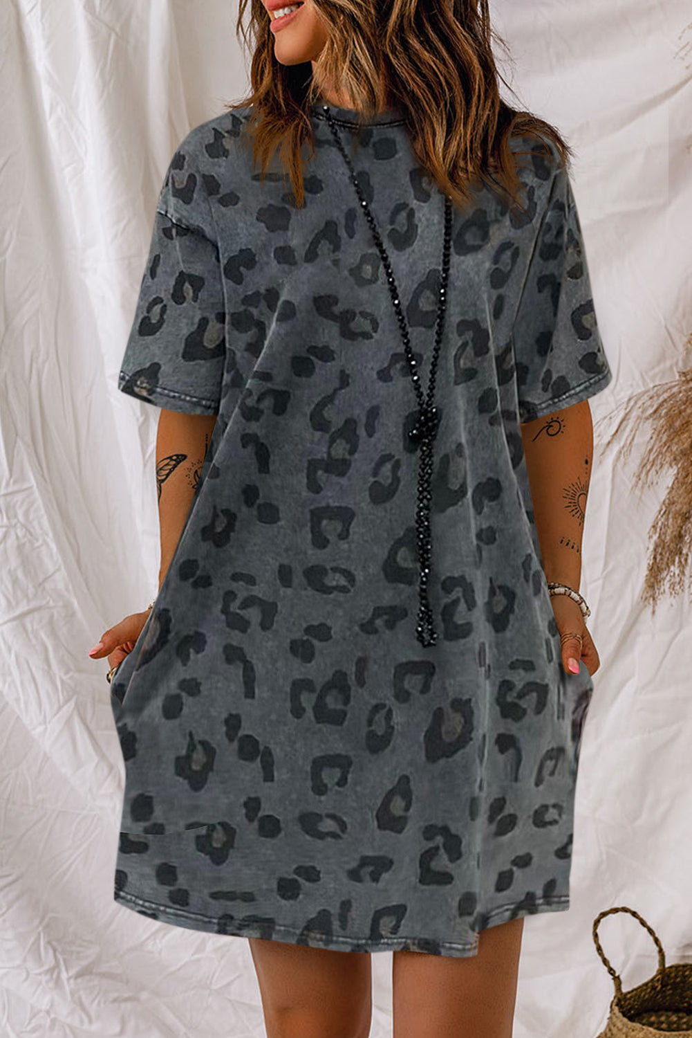 Gray Vintage Washed Leopard T-Shirt Dress with Pockets T Shirt Dresses JT's Designer Fashion