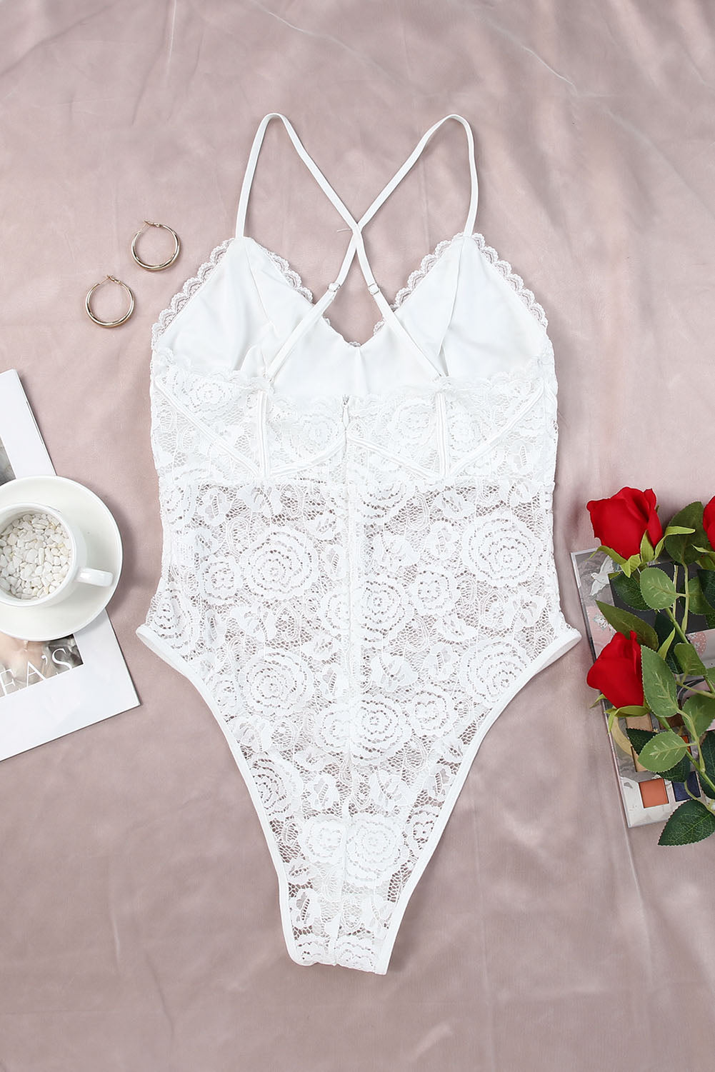 White Crisscross Back Soft Bone Floral Lace Crochet Bodysuit Bodysuits JT's Designer Fashion