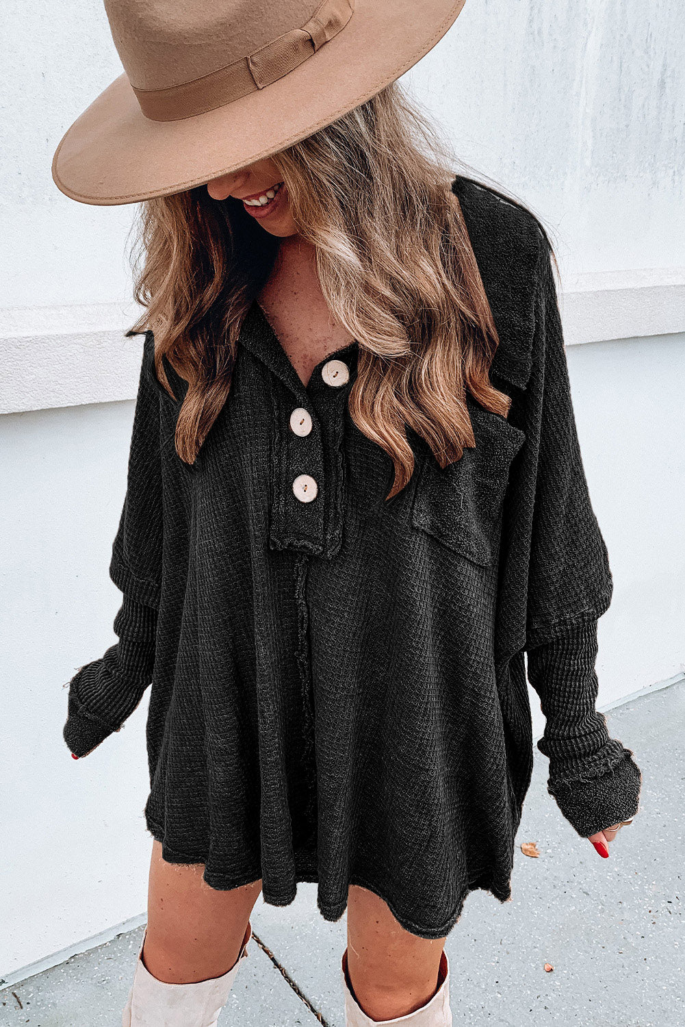 Black Waffle Knit Buttoned Long Sleeve Top Long Sleeve Tops JT's Designer Fashion