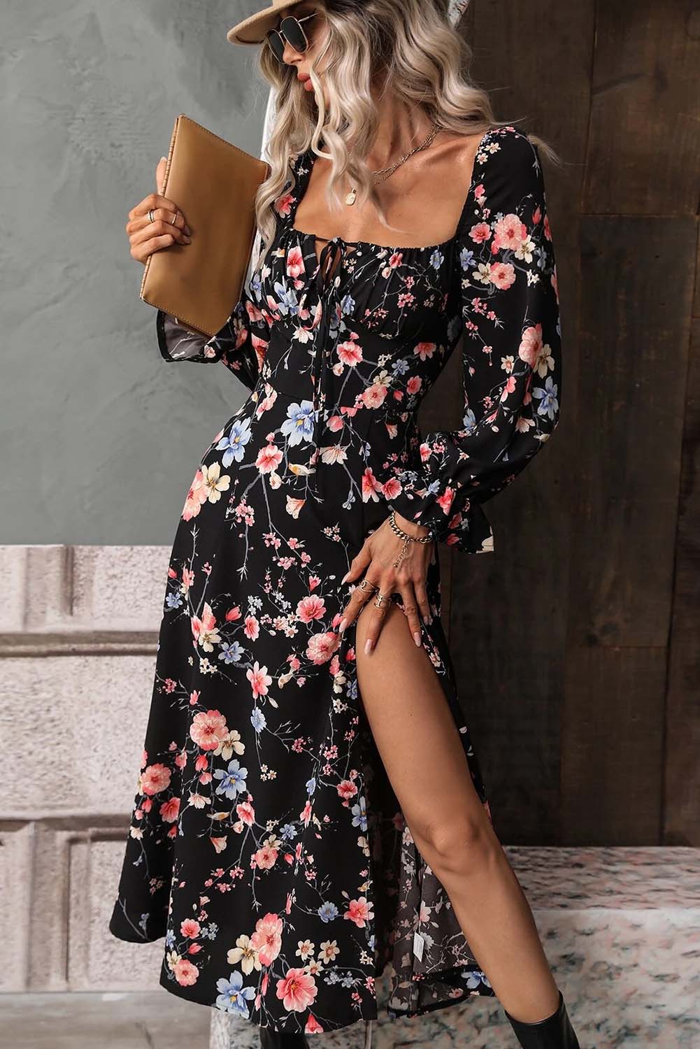 Black Floral Square Neck Long Sleeve High Split Dress Dresses JT's Designer Fashion