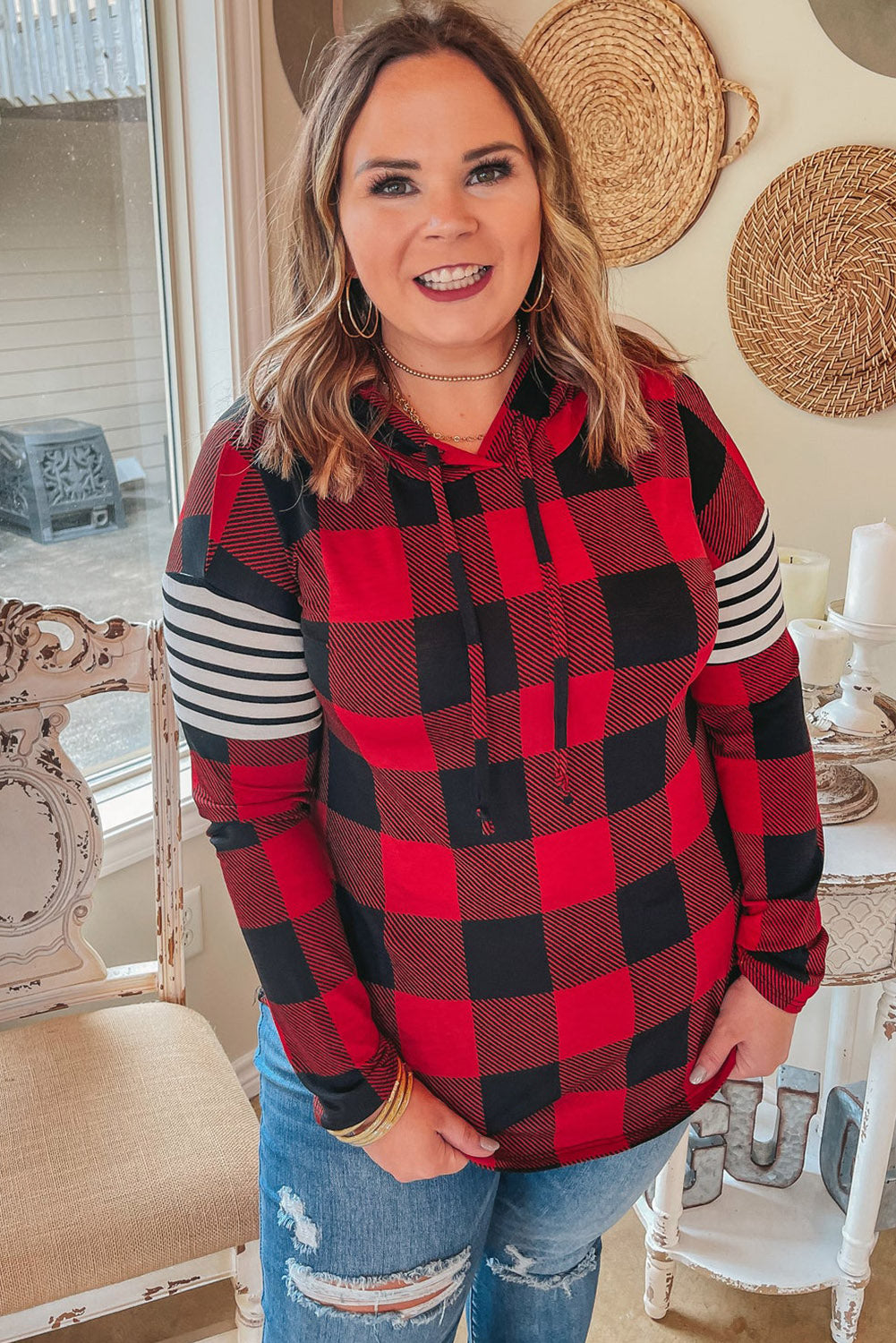 Red Plus Size Plaid Striped Patch Sleeve Hoodie Plus Size JT's Designer Fashion