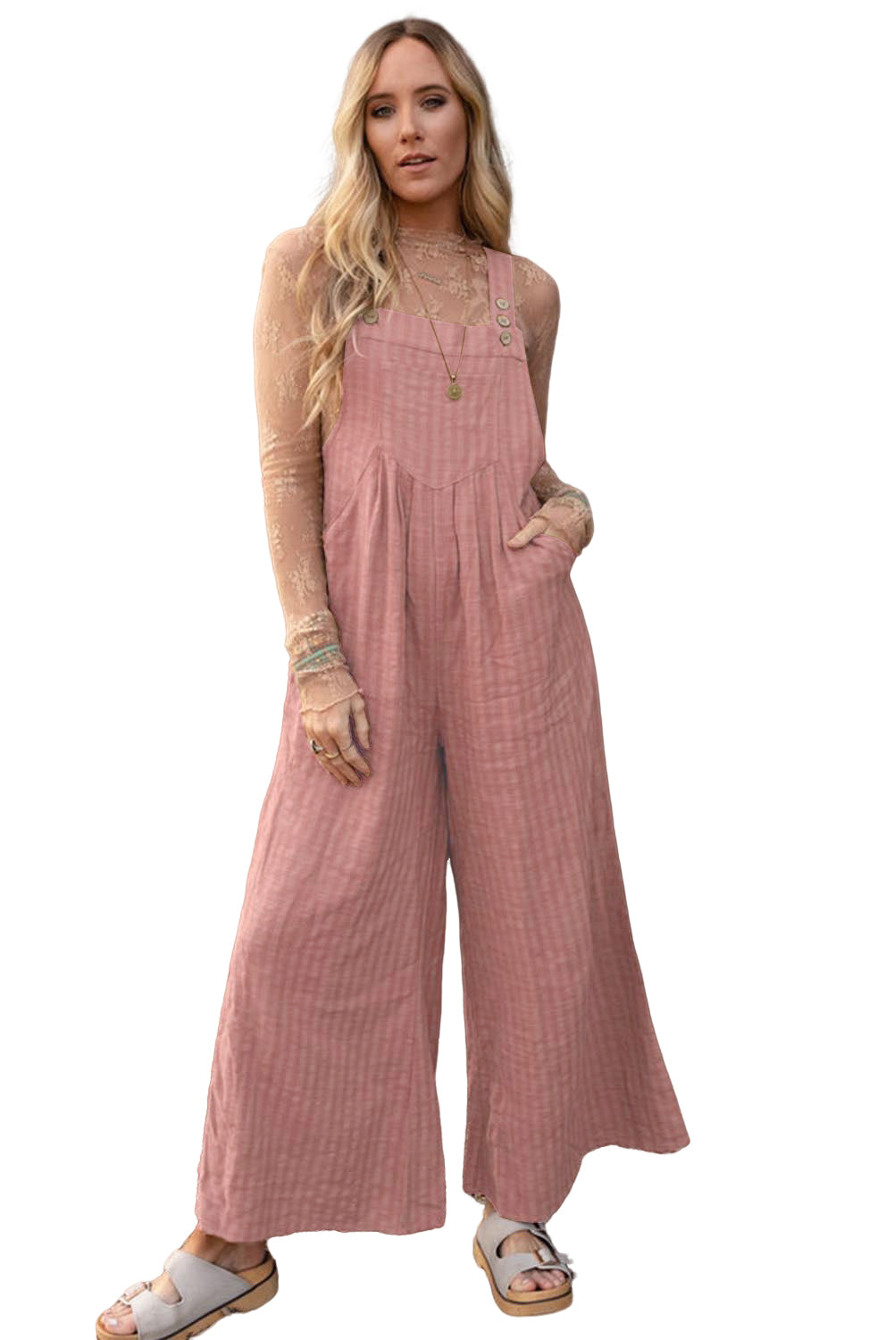 Rose Pink Striped Pleated Wide Leg Pocketed Jumpsuit Bottoms JT's Designer Fashion