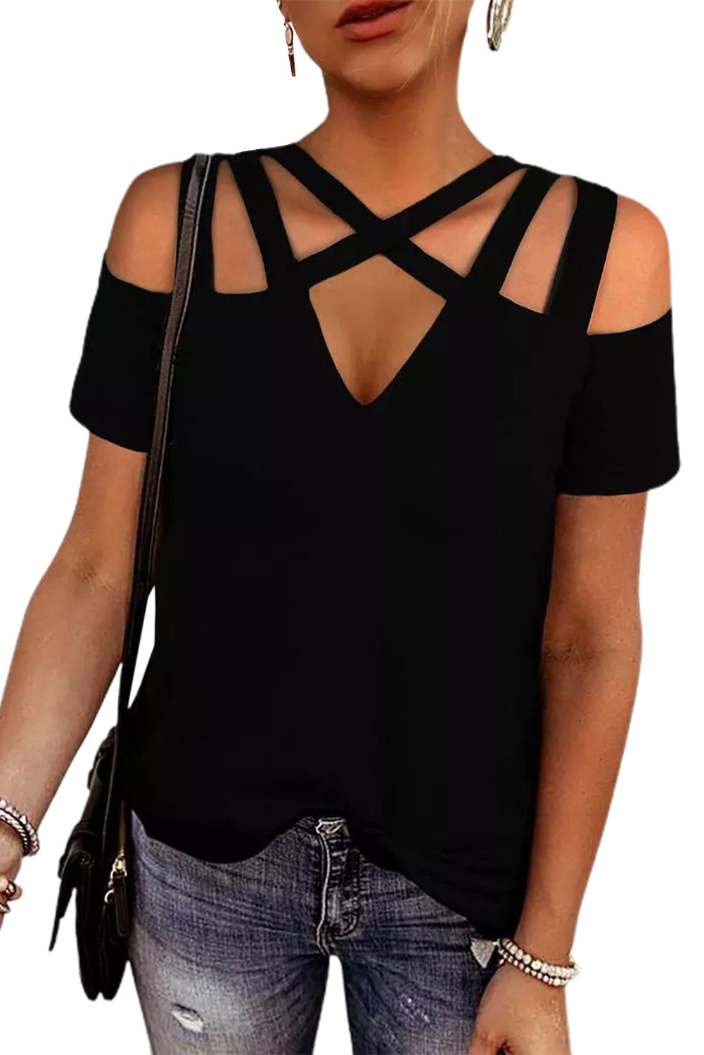 Black Criss-Cross Cut Out Short Sleeve Top Tops & Tees JT's Designer Fashion