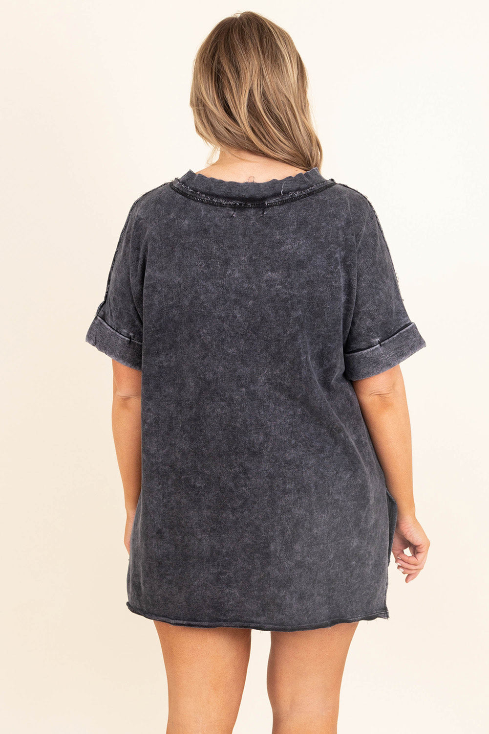 Gray Mineral Wash Distressed Slit Patch Pocket Oversize Tee Plus Size JT's Designer Fashion