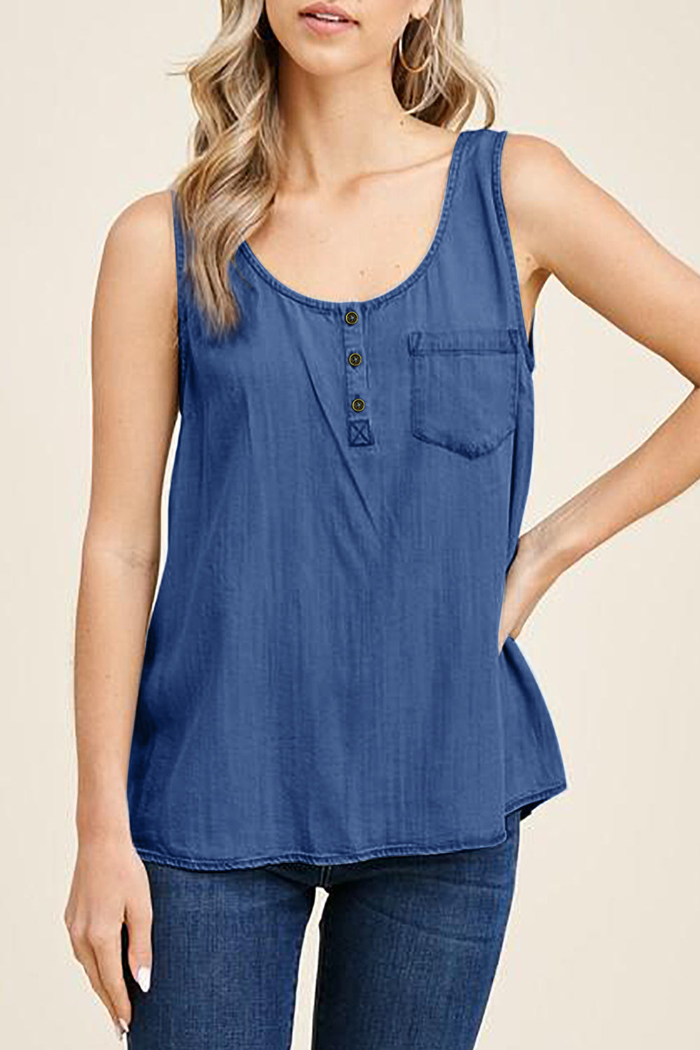 Blue Plain Denim Bust Pocket Tank Top Blue 100%Cotton Tank Tops JT's Designer Fashion