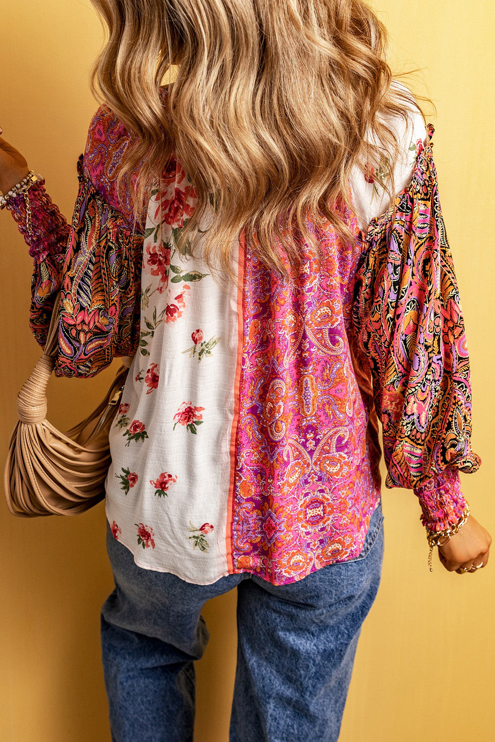 Multicolor Floral Patchwork Shirred Cuff Buttoned V Neck Blouse Tops & Tees JT's Designer Fashion