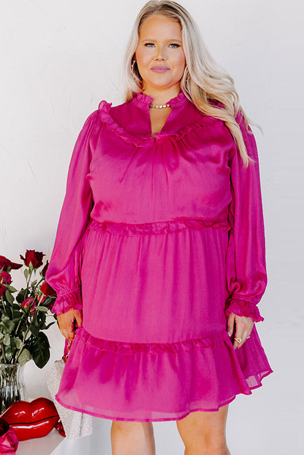 Rose Long Sleeve Ruffled Plus Size Dress Plus Size JT's Designer Fashion