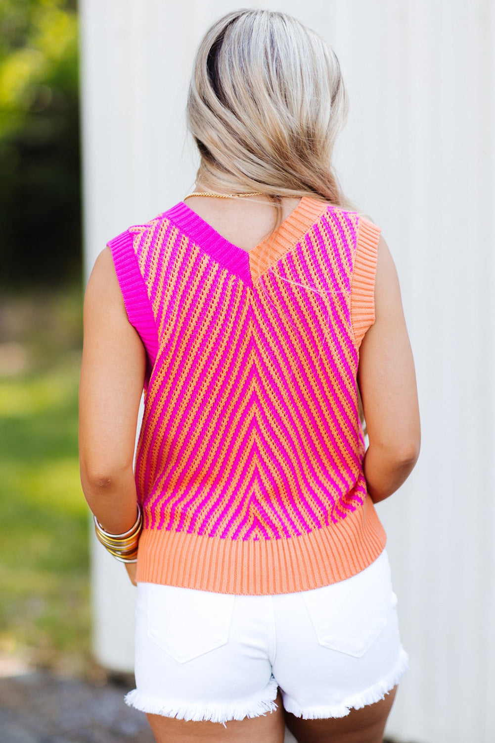 Strawberry Pink Contrast Chevron Knit V Neck Sweater Vest Pre Order Sweaters & Cardigans JT's Designer Fashion