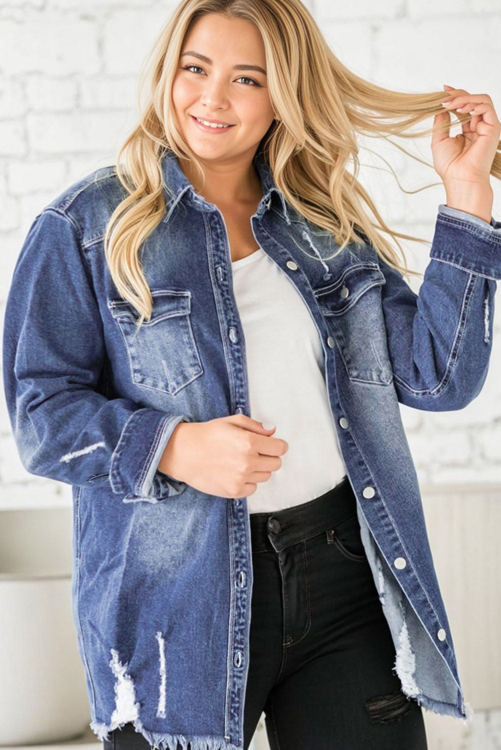 Sail Ripped Detail Raw Hem Plus Size Denim Jacket Denim jackets JT's Designer Fashion