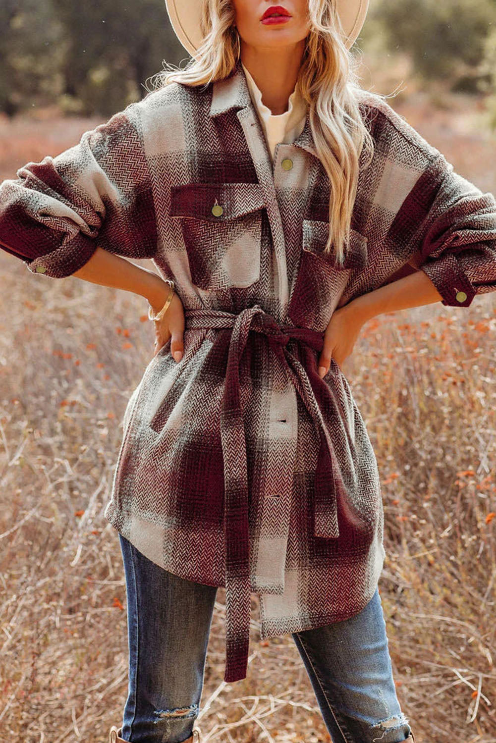 Red Pocketed Belted Plaid Shacket Outerwear JT's Designer Fashion