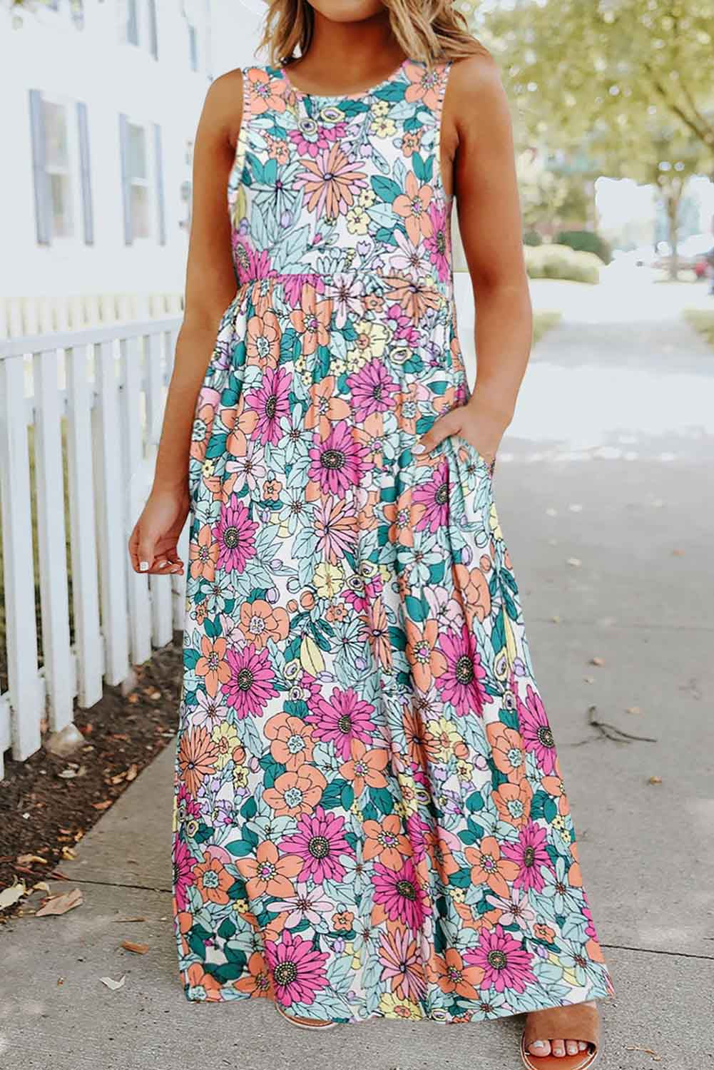 Multicolor Floral Printed Sleeveless Maxi Dress Plus Size JT's Designer Fashion