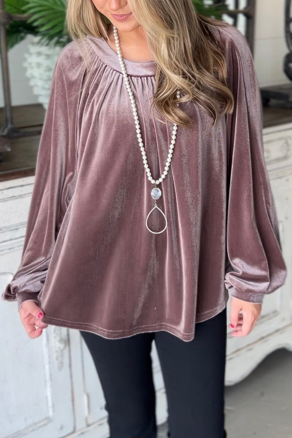 Rose Tan Velvet Pleated Crewneck Back Keyhole Blouse Tops & Tees JT's Designer Fashion