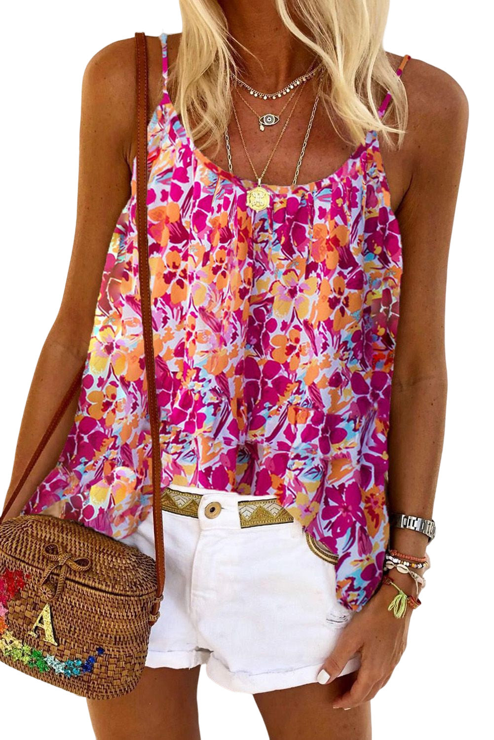 Red Floral Print Loose Fit Spaghetti Strap Tank Top Tank Tops JT's Designer Fashion