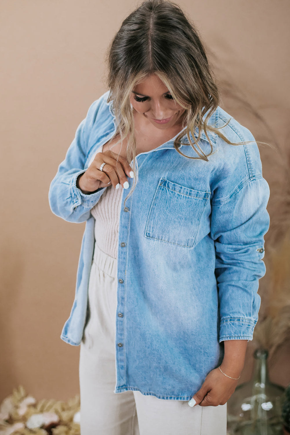 Sky Blue Plus Size Chest Pocket Button-Up Denim Shacket Plus Size JT's Designer Fashion