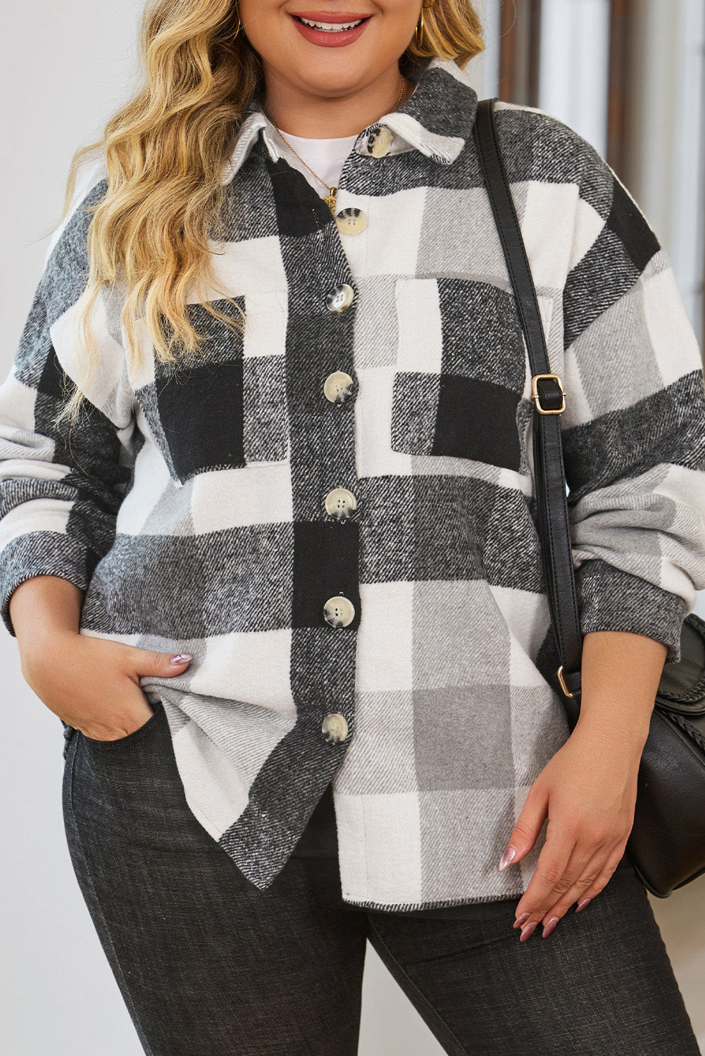 Gray Plus Size Checkered Button-Up Shacket Plus Size JT's Designer Fashion