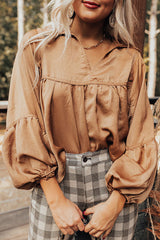 Brown Puff Sleeve Collared Pleated Babydoll Blouse Brown 100%Polyester Blouses & Shirts JT's Designer Fashion