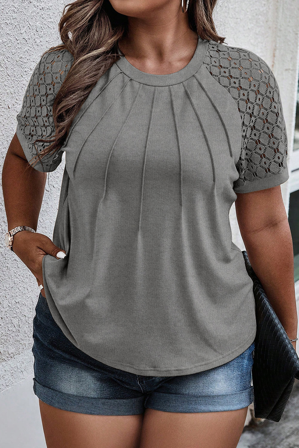 Medium Grey Lace Splicing Sleeves Seam Detail Plus Size Top Plus Size JT's Designer Fashion