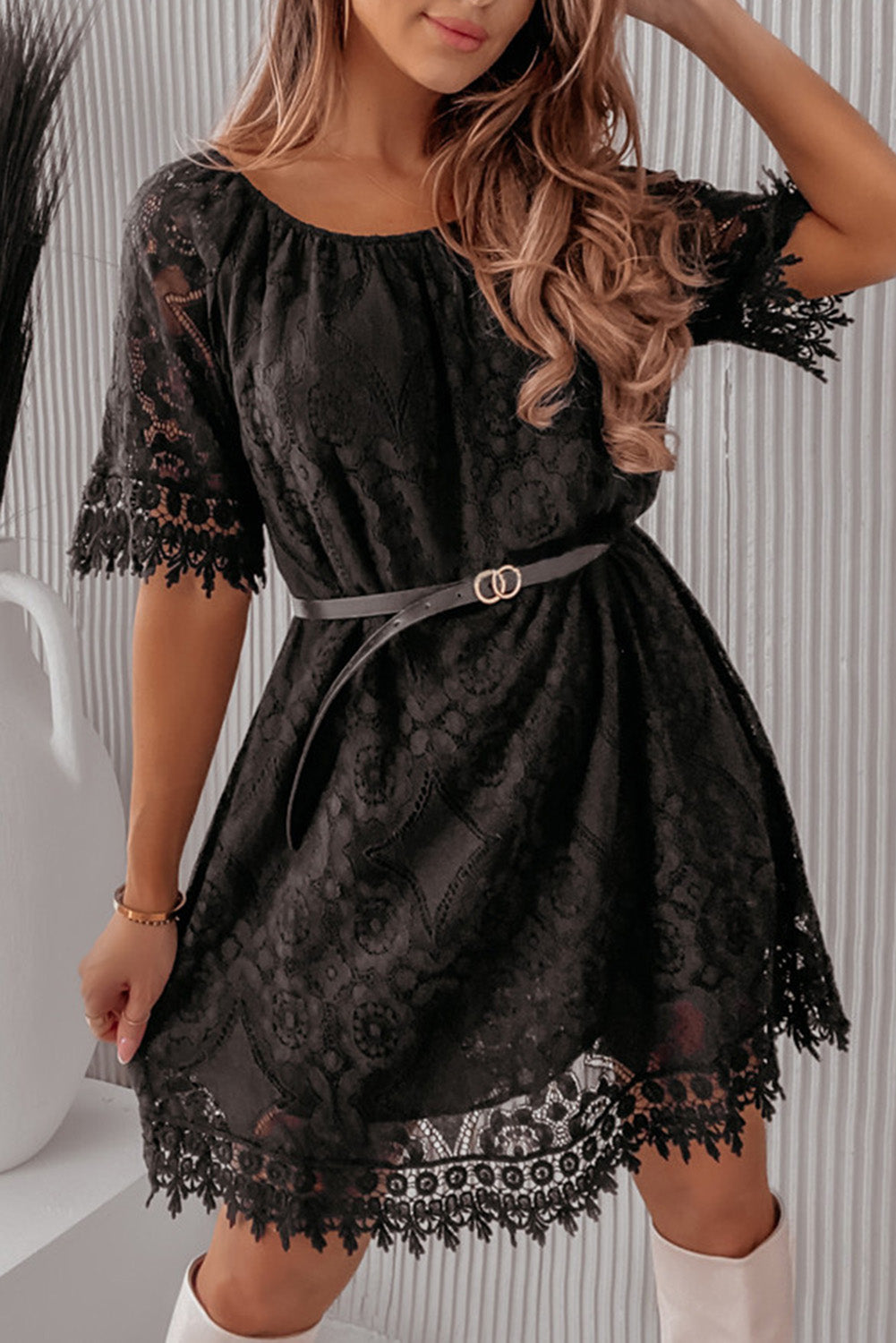 Black Round Neck Short Sleeve Loose Lace Dress Mini Dresses JT's Designer Fashion