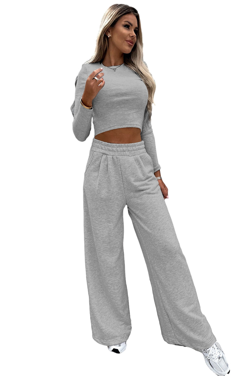 Gray Crop Top and Wide Leg Pants Two Piece Set Bottoms JT's Designer Fashion