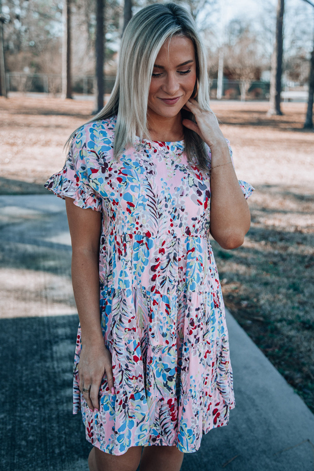 Pink Short Sleeves Floral Print Tiered Ruffled Dress Floral Dresses JT's Designer Fashion